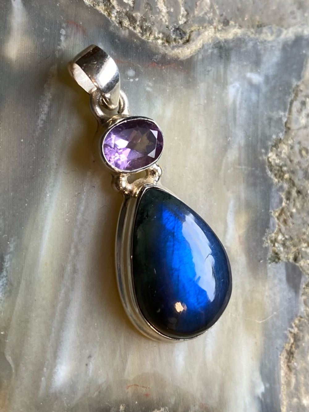 NWOT Genuine Labradorite & Amethyst Teardrop Pendant, 925 Sterling Silver